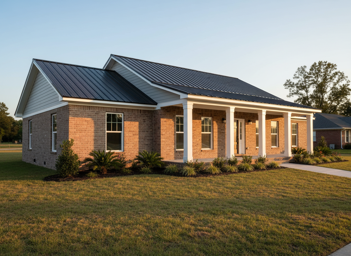 An exterior view of a newly renovated South Louisiana brick home at golden hour, highlighting a fresh addition and updated façade. Warm red-brown brick blends with smooth fiber-cement siding painted a soft coastal gray, complemented by crisp white trim and a dark standing seam metal roof. A covered front porch with sturdy square columns sits above a neat concrete walkway and landscaped beds with native plants. The low-angle sun creates long, soft shadows and a welcoming glow. Photographic realism from a slightly low, wide perspective emphasizes the solid structure, straight rooflines, and clean craftsmanship details, capturing a trustworthy, established contractor’s work, with no human presence.