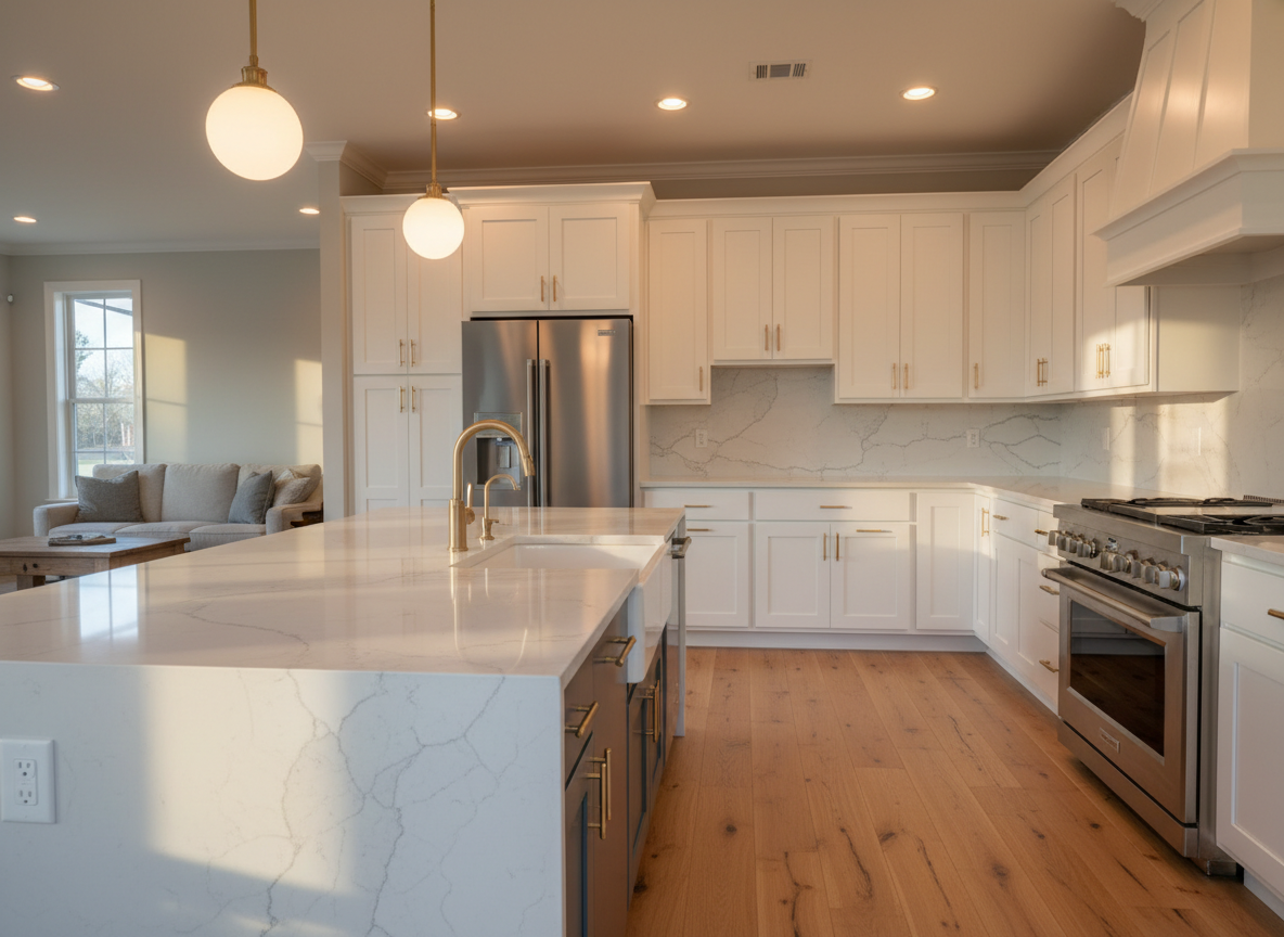 A freshly completed residential kitchen remodel in South Louisiana, showcasing custom Shaker-style white cabinetry with soft-close doors, a large quartz waterfall island in a subtle veined pattern, and wide-plank natural oak flooring. Stainless steel appliances and a deep farmhouse sink gleam under recessed ceiling lights and a pair of warm brass pendant fixtures. Late afternoon sunlight filters through a nearby window, casting gentle reflections on the polished surfaces. Photographic realism at eye level, with the island in the foreground and the open living area softly blurred behind, creating a calm, premium, and inviting atmosphere that emphasizes craftsmanship and clean, modern design without showing any people.