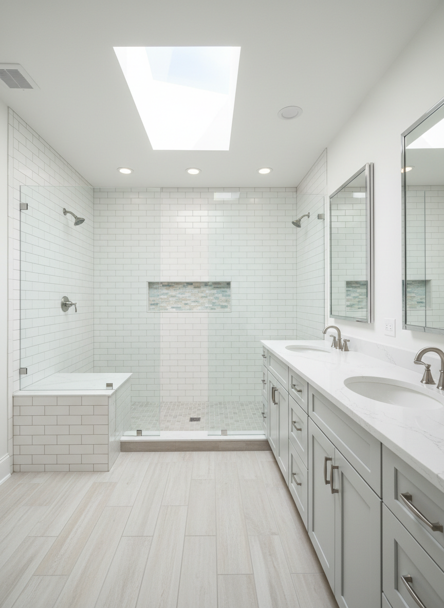 A South Louisiana coastal-style custom bathroom remodel, featuring a large walk-in shower with frameless clear glass, white subway tile laid in a stacked pattern, and a mosaic tile niche in soft blue and sandy beige tones. A double vanity with shaker doors in pale gray supports quartz countertops and under-mount sinks, with sleek brushed nickel faucets. Recessed lighting and a central skylight bathe the room in bright, even light, creating crisp reflections on chrome fixtures. Photographic realism from an eye-level, slightly wide angle, with sharp focus throughout, creates a fresh, serene, and premium atmosphere that showcases meticulous tiling, perfect grout lines, and careful alignment, without any people present.