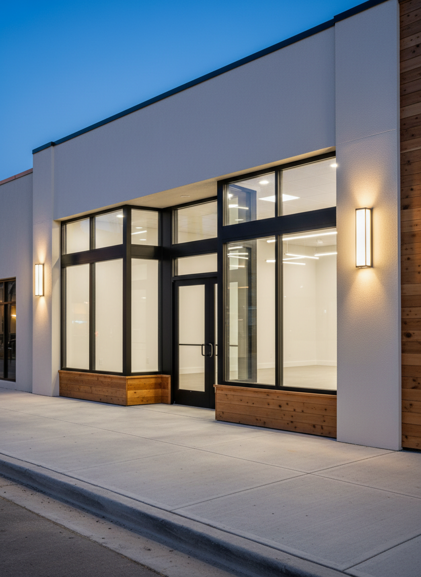 A modern commercial storefront renovation in a South Louisiana streetscape, featuring a freshly updated façade with large glass panels in black aluminum framing, a clean stucco finish in warm off-white, and accents of natural cypress wood cladding. The wide concrete sidewalk is neatly edged, and new exterior LED sconces flank the entry door, casting a soft, even glow as dusk approaches. Interior lights reveal glimpses of crisp, finished walls and polished flooring. Photographic realism from an eye-level, slightly angled street view, with sharp architectural lines and a bright yet professional mood, conveys the quality and reliability of a seasoned general contractor, with no people or signage text visible.
