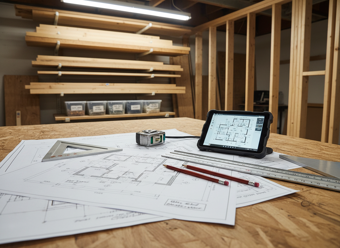 A carefully staged general contractor’s planning scene on a sturdy unfinished plywood workbench, featuring a full set of detailed architectural blueprints unfurled beside a metal carpenter’s square, high-quality measuring tape, sharpened carpenter pencils, and a tablet displaying a floor plan. Behind, neatly stacked lumber, organized fastener boxes, and a partially framed wall suggest an in-progress project. Overhead workshop lighting creates crisp highlights on the metal tools and subtle shadows across the paper. Photographic realism from a slightly overhead, three-quarter angle, with selective focus on the drawings and tools, conveys transparency, organization, and professional project management in construction, with no human hands or bodies visible.