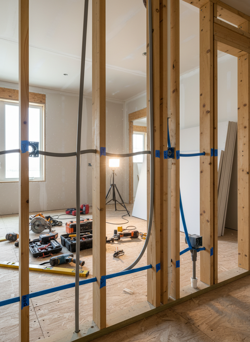 A detailed close-up of an active residential remodeling jobsite interior, showing exposed wall framing with clean, straight yellow pine studs, neatly run electrical conduit, and carefully labeled plumbing lines. New subflooring is securely fastened, with stacks of drywall and precisely organized tools resting on a clean, swept plywood floor. Daylight from an open window pours in, illuminating dust motes in the air while a temporary work light adds warm highlights to metal hardware. Captured in photographic realism at a slightly low angle, with sharp focus on the framing and a gradual blur toward the background, the mood emphasizes order, transparency, and methodical progress in the construction process without any workers present.