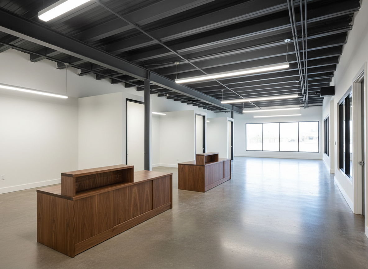 A professional commercial buildout interior in South Louisiana, featuring an open-plan office with exposed structural steel beams painted charcoal, smooth drywall partitions, and a polished concrete floor with a subtle matte finish. Custom-built wood reception counters with rich walnut tones anchor the space. Suspended linear LED lights cast an even, cool white glow, while daylight streams through tall storefront windows with black aluminum frames. Shot in photographic realism from a slightly elevated angle, the composition shows clear lines, tidy cable management, and meticulous trim work, conveying precision, reliability, and on-time completion in a contemporary, functional work environment, with no people visible.