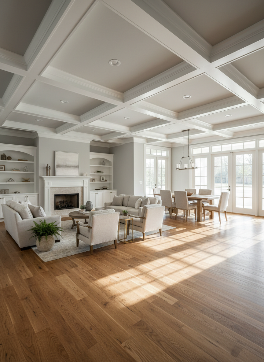 A spacious, open-concept living and dining area in a South Louisiana home remodel, showcasing coffered ceilings with clean white beams, smooth light-gray walls, and wide-plank engineered hardwood in a warm oak tone. Custom built-in cabinetry surrounds a simple, elegant fireplace with a stone surround. Large French doors with divided lights open to a patio, allowing soft late-morning sunlight to fill the room and create gentle, natural shadows. Photographic realism from a wide-angle, eye-level composition, with the dining area receding into the background, highlights craftsmanship in trim, alignment of joints, and flawless paintwork, reinforcing a calm, polished, and high-end residential renovation with no people present.